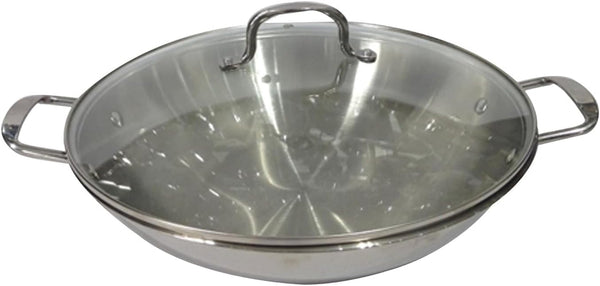 14-Inch Stainless Steel Wok with Glass Lid – Aluminum Core Tri-Ply Construction, Brushed Interior & Polished Exterior, Dual Handles Stir Fry Pan for Gas & Electric Stovetops1