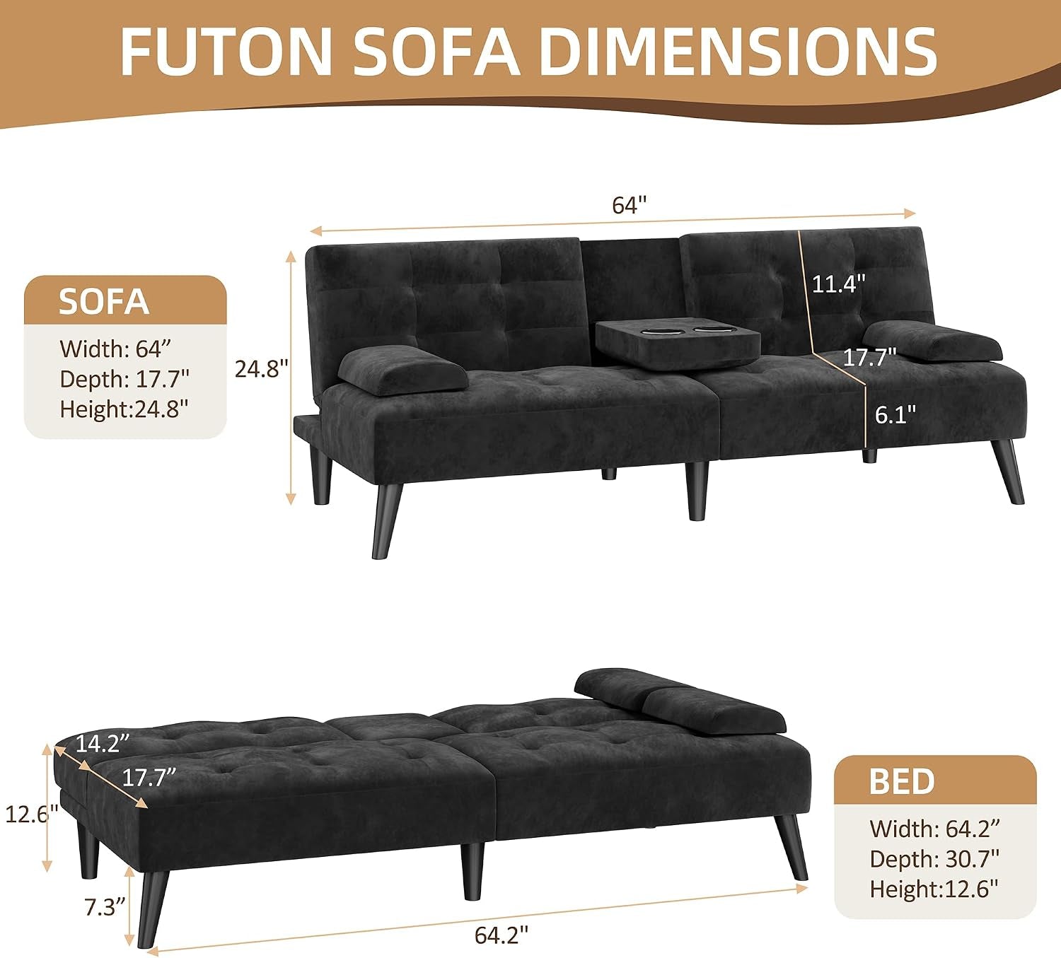 64-futon-sofa-bed-velvet-foldable-couch-upholstered-loveseat-sofa-couch-with-folding-cup-holders-reclining-sleeper-with-removable-armrests-for-home-office-black