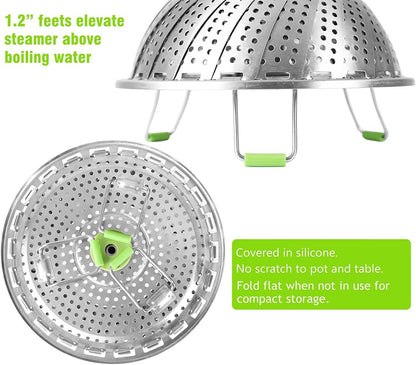 Vegetable Steamer Basket for Cooking Food, Stainless Steel Veggie Steam Basket for Pot, Folding Expandable Steaming Insert with Extendable Handle Fits Various Size Pot, 5.1" to 9"5