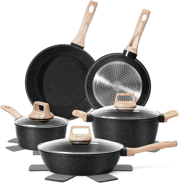 Pots and Pans Set Non Stick, 12Pcs Black Granite Induction Cookware | PFAS/PFOA/PFOS Free, Healthy Nonstick Kitchen Cookware Sets, Includes Fry Pans & Saucepans.1