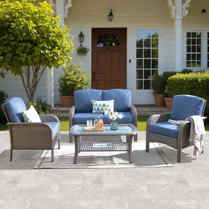 4-Piece Patio Furniture Set, Outdoor Wicker Sofa with Chairs Coffee Table, High Back Rattan Couch Loveseat with Comfy Cushions for Porch Yard Deck, Denim Blue1