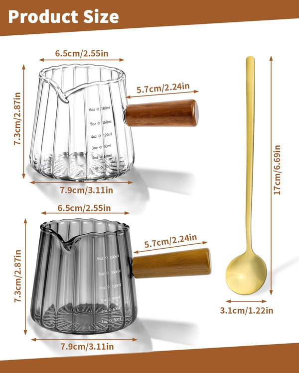 2 Pack Espresso Measuring Cups & 2 Spoons, 6Oz Gray & Clear Borosilicate Glass Cups with Wood Handle, V-Shaped Spout Ribbed Milk Frothing Cup for Coffee, Latte, Cappuccino, Tea2