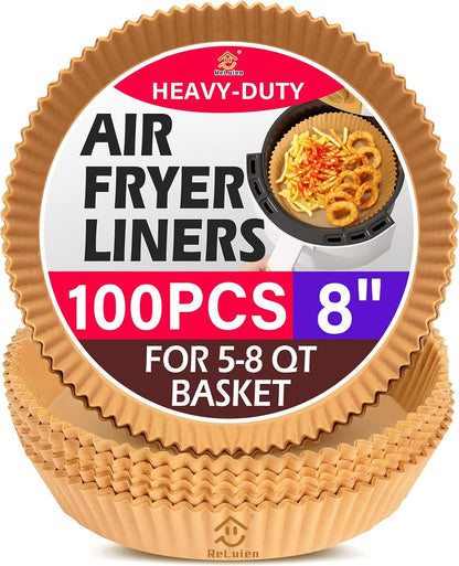 Air Fryer Liners Disposable, 8 Inch round Paper for 5-8 QT Air Fryers | 100 Pcs Unbleached Parchment Paper, Non-Stick, Greaseproof for Baking, Roasting, Microwave, Oven, Airfryer Basket Accessories1