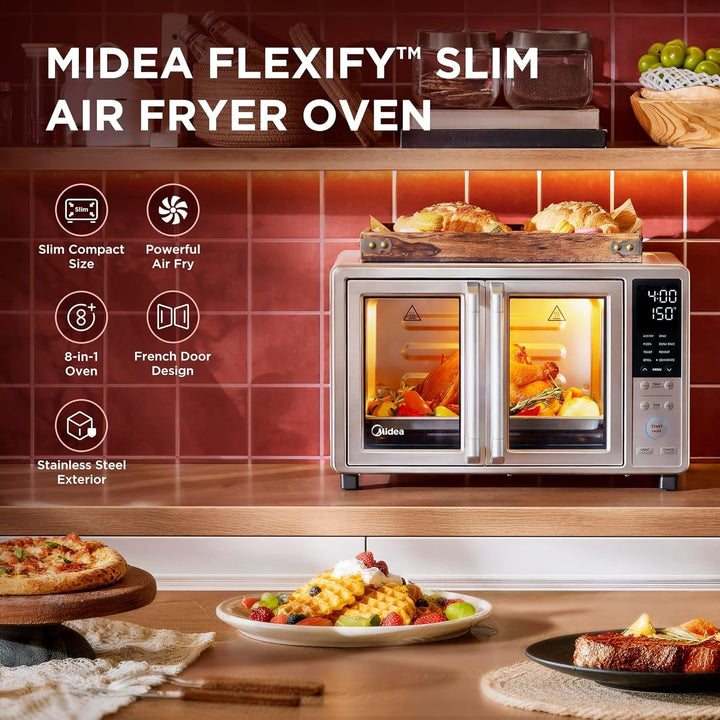 Midea Flexify Slim 8-In-1 French Door Toaster Oven Air Fryer Combo, 25QT | Compact Countertop Oven with Infrared Speedheat, Stainless Steel+2