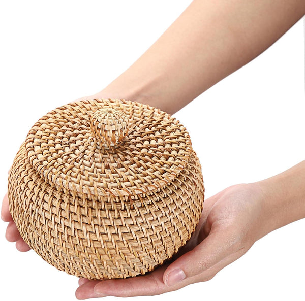 round Rattan Basket Box with Lid Wicker Storage Baskets Bin, X-Small3