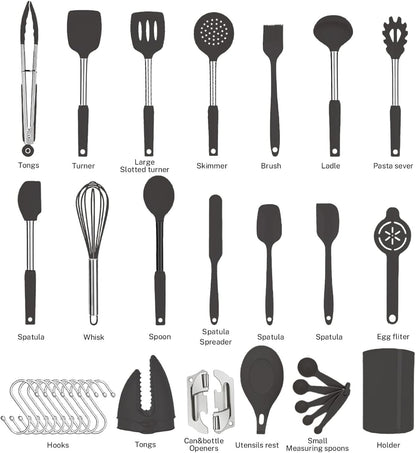 Silicone Kitchen Cooking Utensils Set with Stainless Steel Handle, Spatula Set Utensil Set, Cooking Utensil Set,Kitchen Tools Gadgets for Nonstick Cookware (35, Black)4