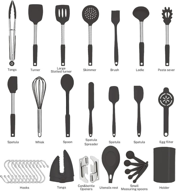 Silicone Kitchen Cooking Utensils Set with Stainless Steel Handle, Spatula Set Utensil Set, Cooking Utensil Set,Kitchen Tools Gadgets for Nonstick Cookware (35, Black)4