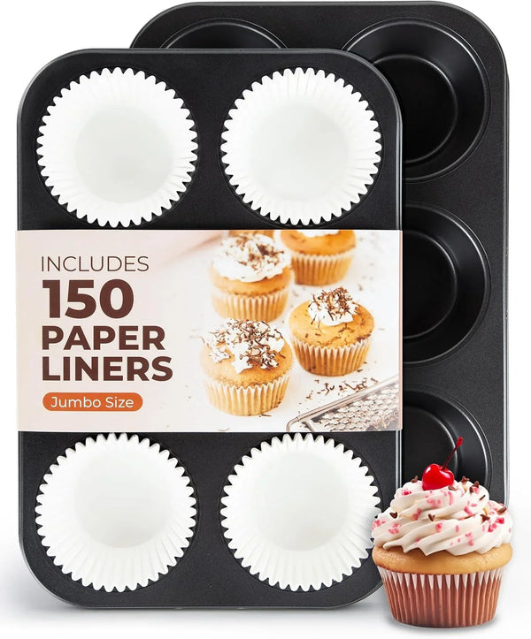 2-Pack Jumbo Muffin Pan with 150 Liners, 12.6" X 8.3", Nonstick | 6-Cup, 3.5" XL Cups, Bonus Liners, Carbon Steel, Ptfe-Free, 450°F Oven Safe, Extra Large Muffin Pan, XL Treats, Egg Bites1