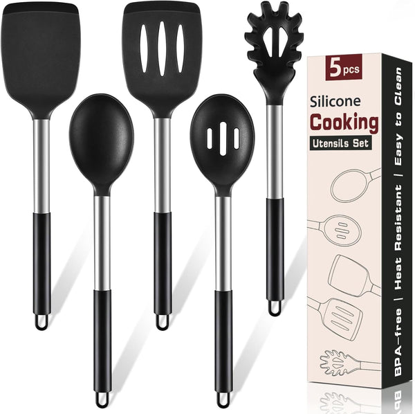 5Pcs Silicone Cooking Utensils Set, Heat Resistant Kitchen Tools Include Solid&Slotted Spatula, Cooking Spoon and Pasta Server, Silicone Kitchen Utensils Set for Nonstick Cookware Flipping, Black1