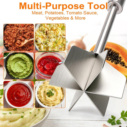 Meat Masher, 11 Inch Stainless Steel Ground Beef Masher with 6-Blade Head, Heavy Duty Meat Chopper for Ground Beef, Hamburger Smasher Tool for Potatoes, Chicken and Meal Prep7