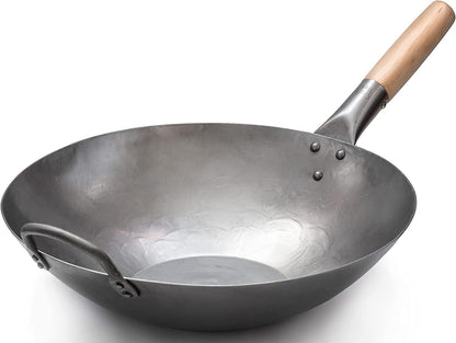 Flat Hand Hammered Carbon Steel Pow Wok with Wooden and Steel Helper Handle (14 Inch, Flat Bottom) / 731W3161