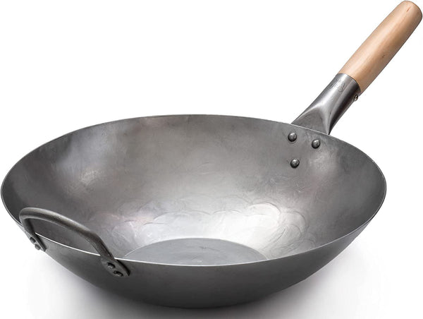 Flat Hand Hammered Carbon Steel Pow Wok with Wooden and Steel Helper Handle (14 Inch, Flat Bottom) / 731W3161