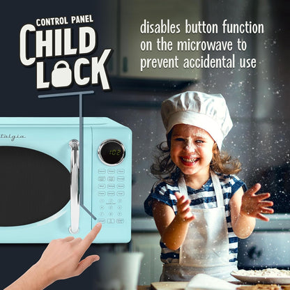 Retro Microwave Oven - 0.7 Cu Ft, 700-Watt Countertop Size with Glass Turntable, Child Safety Lock, 8 Auto-Cook Programs, Digital Clock - Aqua4