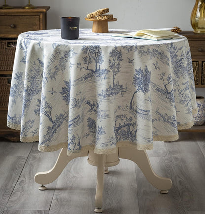 Rustic Tablecloth Classic French Village Printed Linen Fabric Table Cover Farmhouse Decoration 90 Inches round Blue for Kitchen Dining5
