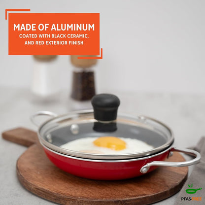 5.8 Inch Aluminum Black Ceramic Egg Pan Casserole with Glass Lid, Red | Egg Pan for Single Servings, Small Aluminum Cookware3