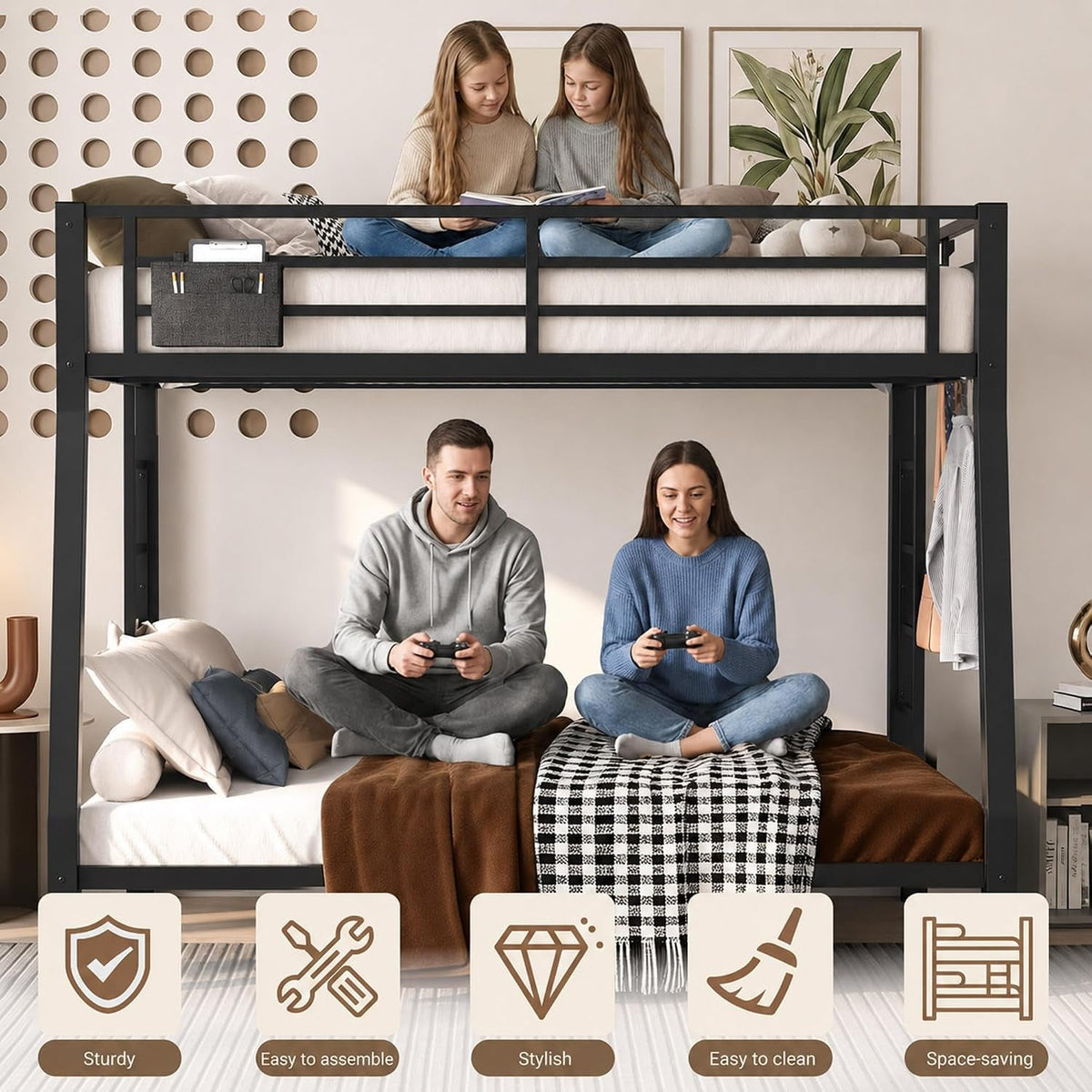 heavy-duty-metal-full-xl-over-queen-bunk-bed-with-bedside-caddy-black