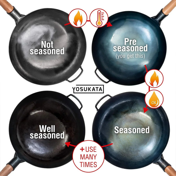 14” Blue Carbon Steel Wok with round Bottom | Blue Pre-Seasoned Pow Wok for Stir Fry, BBQ & Camping – Traditional Chinese Cookware – Gas Stoves & Open Fire Only7