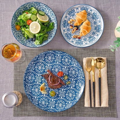 Porcelain Dinnerware Sets Service for 4, 12 Pcs Hand Drawn Plates and Bowls Sets, Handmade Ceramic Dish Set, Chip Resistant Modern Plate Set, Dishwasher/Microwave Safe，Vintage Blue5