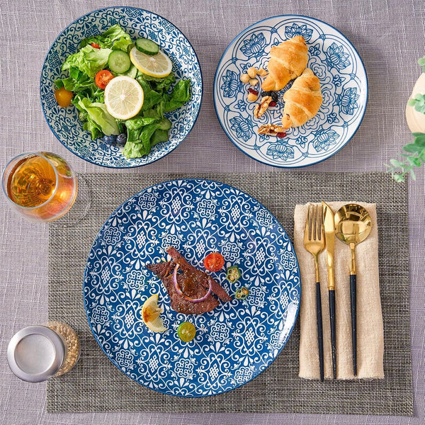 Porcelain Dinnerware Sets Service for 4, 12 Pcs Hand Drawn Plates and Bowls Sets, Handmade Ceramic Dish Set, Chip Resistant Modern Plate Set, Dishwasher/Microwave Safe，Vintage Blue5