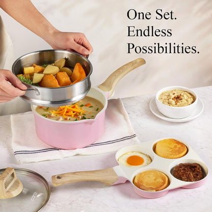 21Pcs Ceramic Cookware Set, Pots and Pans Set, Pink | Non-Toxic, Healthy Kitchen Set, All-Stovetop Compatible, Easy Clean, Even Heating, PFAS FREE6