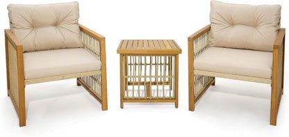 3 Pieces Acacia Wood Patio Furniture Set, PE Wicker Bistro Set with Cushioned Chairs and Coffee Table, Outdoor Conversation Set for Porch, Deck, Balcony, Backyard (Beige)9