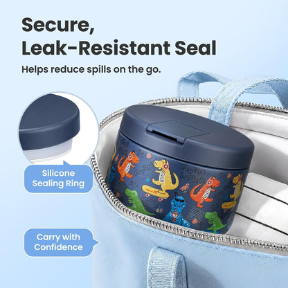 12Oz Insulated Vacuum Food Jar with Buckle Lid Wide Mouth Soup Thermo for Hot Food Kids Leakproof Stainless Steel Lunch Container (Blue-Dinosaur)6