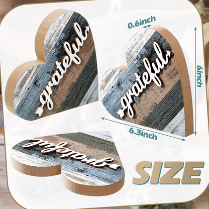 2 Pcs Rustic Wooden Heart Block Home Decor, Grateful Style | Decoration for Shelves, Table Centerpiece for Mantel, Blessed Blue Accent, Decorative Plaques for Home Living Room Gift2