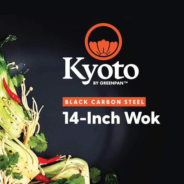 Carbon Steel Wok 14”, Flat Bottom, Durable Stir-Fry Pan, Pre-Seasoned Ready to Use, High Heat Retention, Induction, Ash Wood Handle, Kyoto, Black9