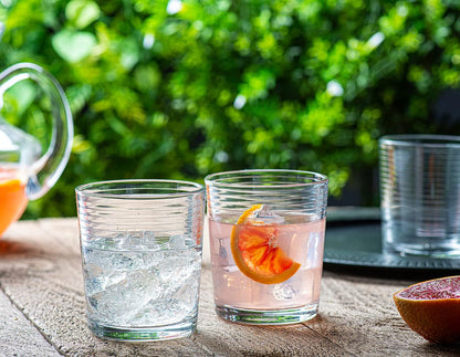 Set of 16 Heavy Base Ribbed Durable Drinking Glasses Includes 8 Cooler Glasses (17Oz) and 8 Rocks Glasses (13Oz), Clear Glass Cups - Elegant Glassware Set5