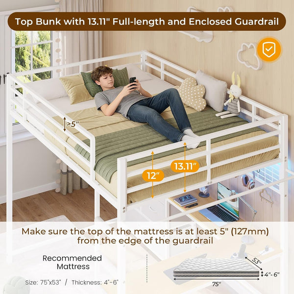 Full Loft Bed with L-Shaped Desk and 7 Storage Drawers, Metal Full Size Loft Bed for Teen with LED Lights and Charging Station,13.11" H Safety Guardrail and Ladder,No Box Spring Needed, White6