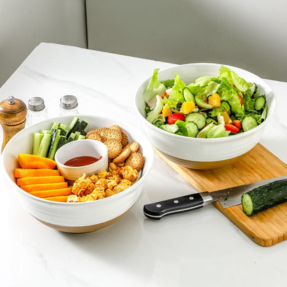 Large Ceramic Serving Bowls Set of 2, 84 Oz 9 Inch White & Terracotta Stoneware Mixing Bowls, Farmhouse Bowls for Salad, Baking, Popcorn & Side Dishes, Dishwasher & Microwave Safe5