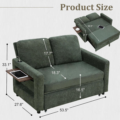 3 in 1 Folding Convertible Sleeper Sofa Bed Pull Out Couch with Side Pockets USB Port Side Table Loveseat Sofa Bed with Adjustable Backrest for Living Room Bedroom 66" Darkgreen 2 SEAT2