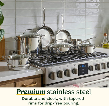 Chef’S Classic 11-Piece Stainless Steel Pots and Pans Set, Cookware Set Compatible with Induction, Electric, Gas Cooktops, Aluminum Core for Even Heat, Cool Grip Handles, Dishwasher Safe |  Stainless Steel Cookware Set, Dishwasher Safe, Oven Safe to 500°F & Gas/Electric/Induction Compatible, 77-11G3