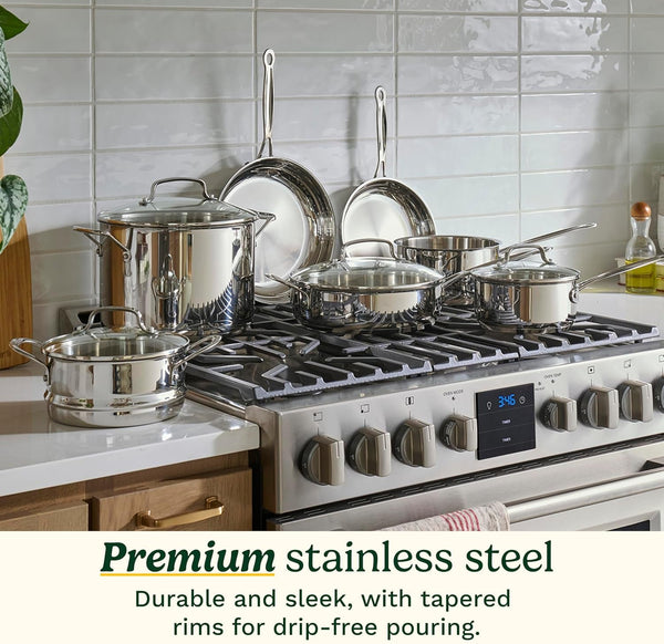 Chef’S Classic 11-Piece Stainless Steel Pots and Pans Set, Cookware Set Compatible with Induction, Electric, Gas Cooktops, Aluminum Core for Even Heat, Cool Grip Handles, Dishwasher Safe |  Stainless Steel Cookware Set, Dishwasher Safe, Oven Safe to 500°F & Gas/Electric/Induction Compatible, 77-11G3