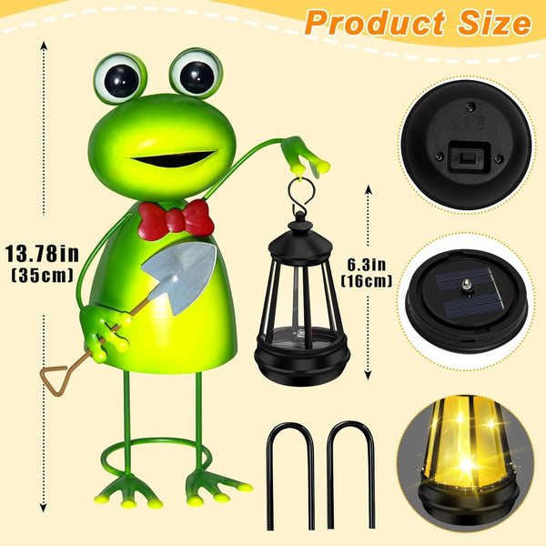 Solar Garden Lights 13.78In Tall Metal Frog Statue with Solar Lantern Decor6