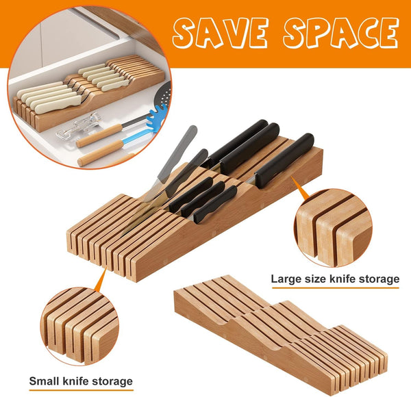 In-Drawer Knife Block Organizer - Bamboo Wood Drawer Knife Organizer-Protecting Knife Organizer Block (Not Included) (Natural, 11 Knives Dock)7