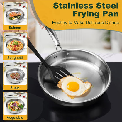 8 & 10 Inch 3-Ply Stainless Steel Frying Pan Skillet, 2 Pieces | Stainless Steel Pan Skillet, Induction Stir-Fry Pan, Oven & All Stoves Safe, Heavy Duty & Even Heat, Dishwasher Safe, Silver3