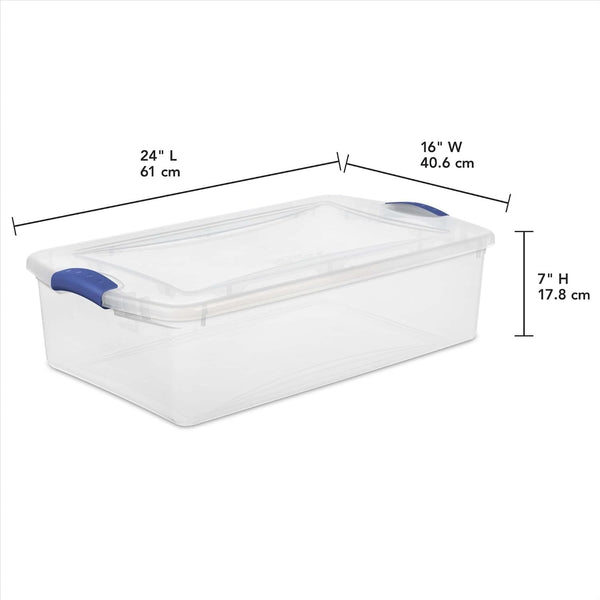 32 Qt Medium Latching Storage Bin, Clear Plastic Container with Secure Blue Latch Lid, 24" X 16" X 7", Stackable Underbed Storage Organizer for Bedroom, Closet and Dorm7