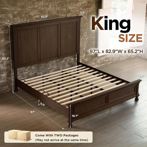 Solid Wood King Bed Frame, Traditional Wooden Platform Bed2