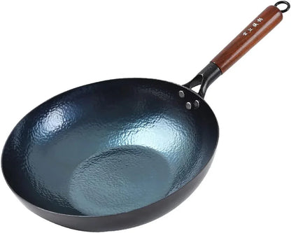 Chinese Handhammered Iron Woks and Stir Fry Pans, Flat Bottom Wok，No Coating Non-Stick, Suitable for All Kinds of Stoves (Diameter 32Cm/12.59In)1