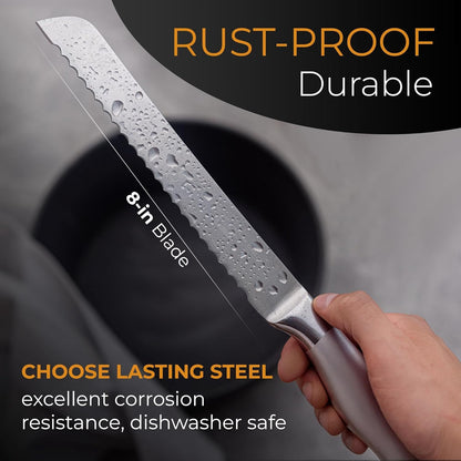 Serrated Bread Knife with Upgraded Stainless Steel Razor Sharp Wavy Edge - Bread Cutter Ideal for Slicing Homemade Bagels, Cake (8-Inch Blade with 5-Inch Handle)5