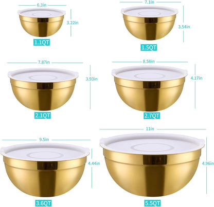 6 Piece Gold Mixing Bowls Set with Lids for Kitchen - Stainless Steel Ideal for Baking, Prepping, Cooking and Serving Food - Nesting Metal Bowls for Space Saving Storage2