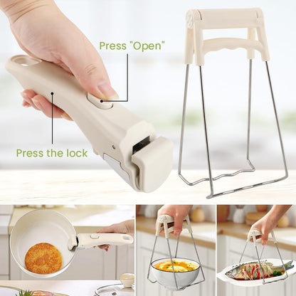 Removable Pot Handle with Anti-Hot Bowl Dish Clip, Universal Detachable Pan Handles Replacement Fits Most Vertical Edge Cookware, Avoid Scalding Kitchenware Set (Color:Cream White)3