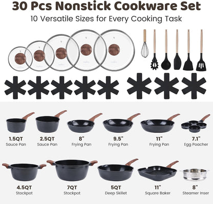 30-Piece Ceramic Nonstick Cookware Set | Detachable Handle, Stackable for RV | Oven & Dishwasher Safe3