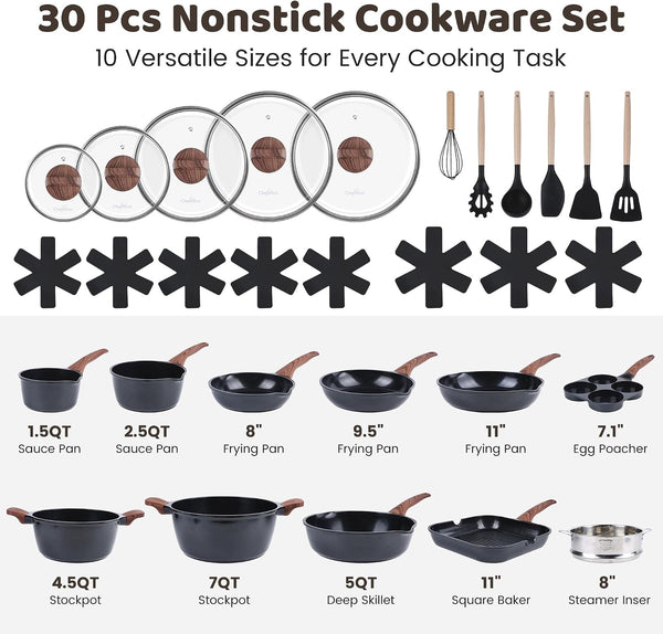 30-Piece Ceramic Nonstick Cookware Set | Detachable Handle, Stackable for RV | Oven & Dishwasher Safe3
