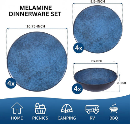 12Pcs Melamine Dinnerware Sets,Blue Melamine Plates and Bowls Set for 42
