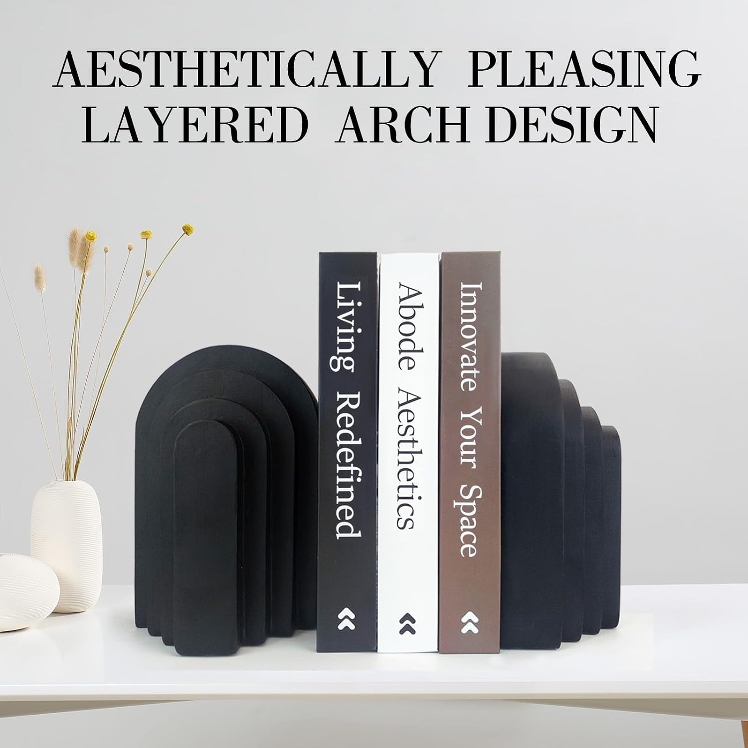book-ends-for-heavy-books-resin-decorative-bookends-heavy-duty-bookend-for-shelves-book-stopper-for-shelves-modern-home-decor-aesthetic-book-ends-layered-arch-design-set-of-2matte-black