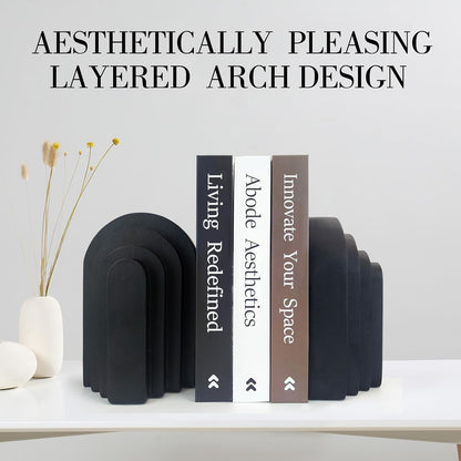Book Ends for Heavy Books, Resin Decorative Bookends, Heavy Duty Bookend for Shelves, Book Stopper for Shelves, Modern Home Decor Aesthetic Book Ends, Layered Arch Design Set of 2(Matte Black)2