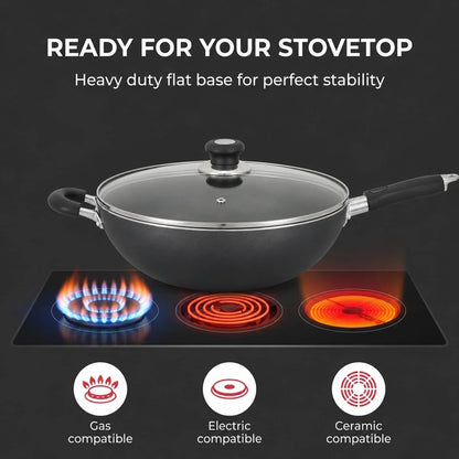 Non-Stick Wok Pan with Tempered Glass Lid, 6.5Qt Deep Cooking Wok, Stay-Cool Bakelite Handle, 30Cm Multipurpose Stir Fry Pan7
