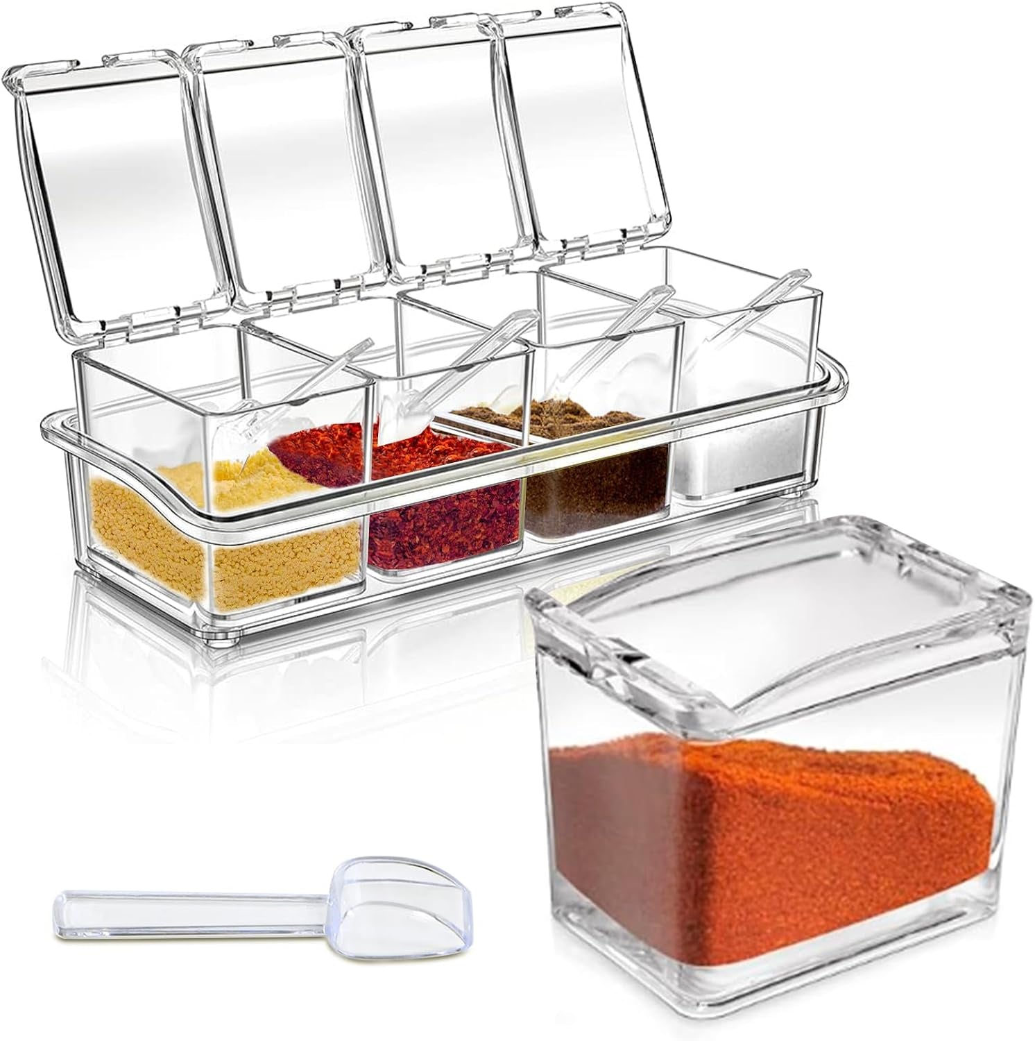 4-cell-clear-seasoning-rack-spice-box-storage-container-condiment-jars-acrylic-seasoning-box-with-cover-and-spoon
